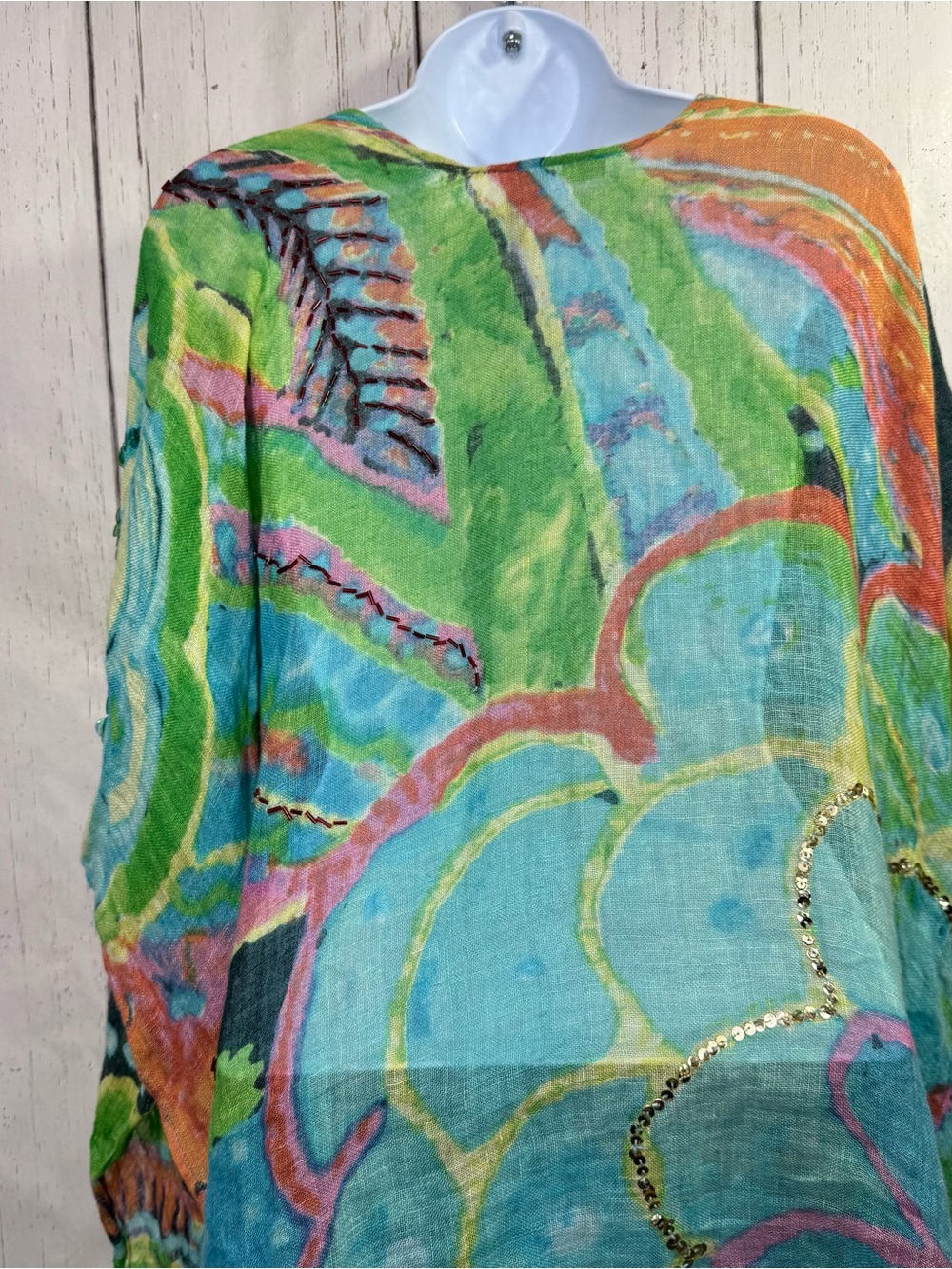 Chicos Multicolor Linen Sequin Embellished Kimono Cover Up Boho Art To Wear - Picture 6 of 9